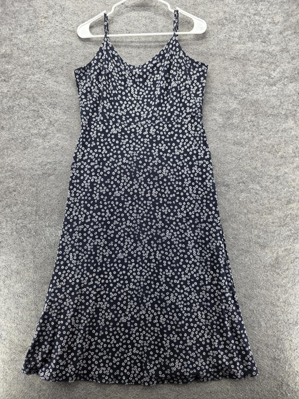 LOFT Dress Womens 12 Navy White Floral Daisy Slip Midi Spaghetti Strap Side Zip